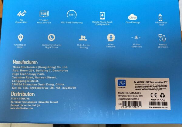 O-KAM 9095 4G SİM KARTLI Solar 3+3+3 - 9MP PTZ 10X OpticZoom3 Lens Köşeler Ayarlı Kamera