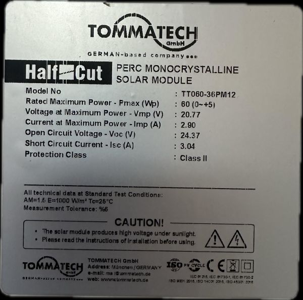 GÜNEŞ PANELİ 60 WATT 12 VOLT MONO  KRİSTAL ÖLÇÜLER 69X46,50 CM TT060-36PM12-TOMMATECH