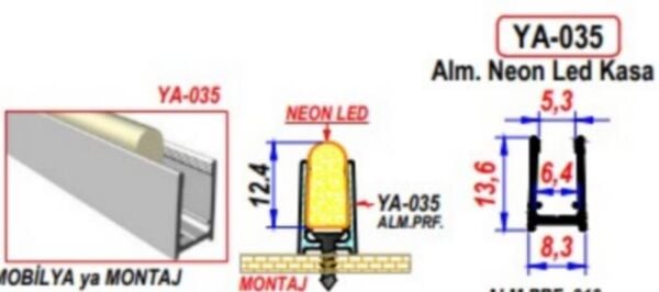 NEON LED KANALI ALİMİNYUM YA-035-DIŞTAN DIŞA 13,60X8,30MM 1 BOY 210 CM FİYATIDIR