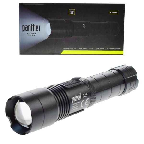 PANTHER PT-8431 USB ŞARJLI 1X18650 PİLLİ 2000 LÜMEN EL FENERİ