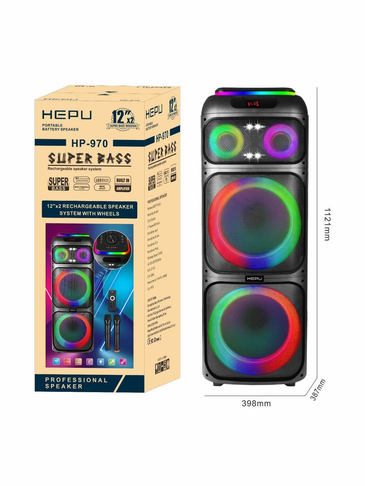 HEPU HP-970 2X12'' 2X30CM KABLOSUZ  2 EL MİKROFON BLUETOOTH ŞARJLI MÜZİK KUTUSU