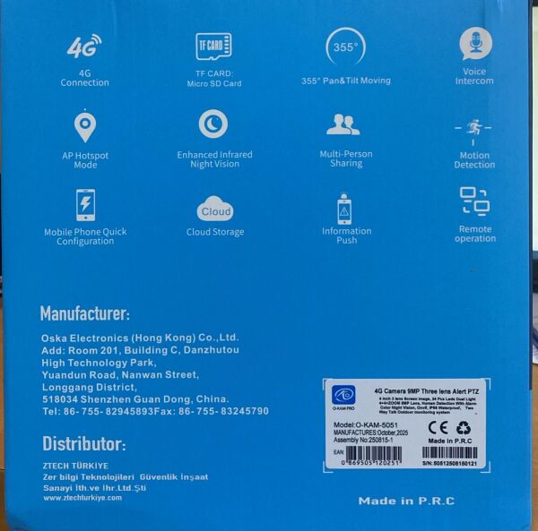 O-KAM 5051 4G SİM KARTLI Solar 3+3+3 - 9MP PTZ 10X Optic Zoom 3 Lens Çakar Köşeler Ayarlı