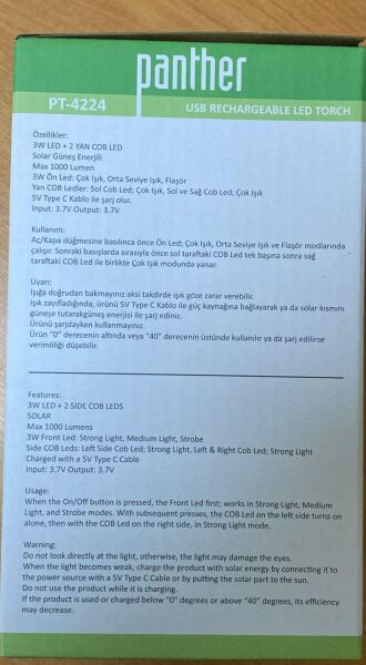 PANTHER PT-4224 USB ŞARJLI GÜNEŞ PANELLİ  EL FENERİ