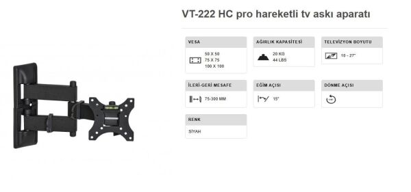 TV ASKI APARATI 10-27 INÇ ÇİFT KOLLU HARAKETLİ DUVAR TİPİ VONTECH VT 222 HC PRO