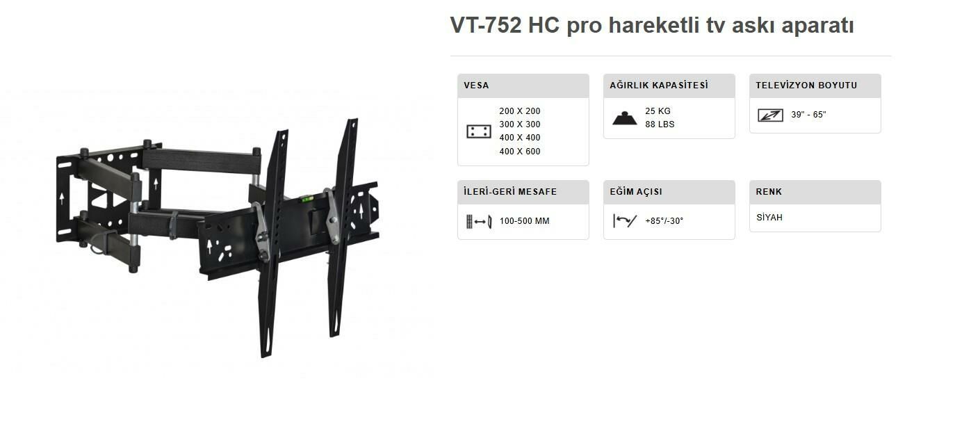 TV ASKI APARATI 39-65 INÇ ÇİFT KOLLU HARAKETLİ DUVAR TİPİ VONTECH VT 752 HC PRO