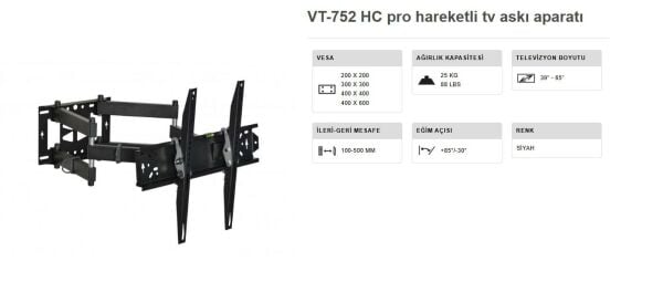 TV ASKI APARATI 39-65 INÇ ÇİFT KOLLU HARAKETLİ DUVAR TİPİ VONTECH VT 752 HC PRO