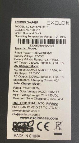 İNVERTER 1 KW 12 VOLT AKILLI MPPT-EXELON