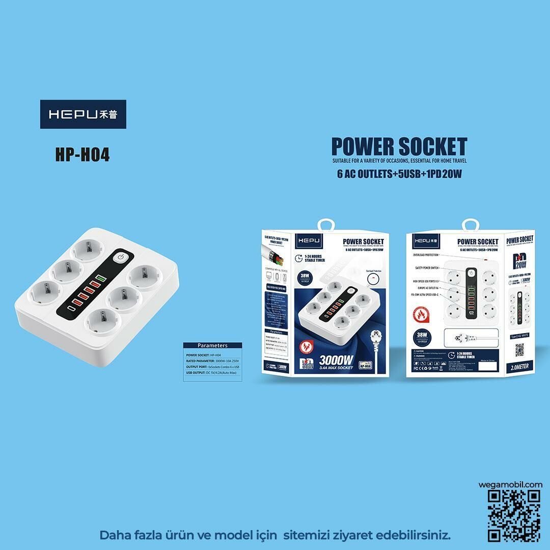 HEPU HP-H04 6'LI 2MT 5USB-A 1USB-C HIZLI ŞARJLI AKIM KORUMALI PRİZ