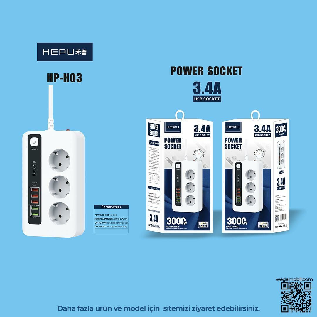 HEPU HP-H03 3'LÜ 2MT 5USB-A 1USB-C HIZLI ŞARJLI AKIM KORUMALI PRİZ