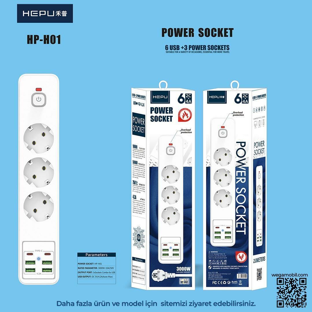 HEPU HP-H01 3'LÜ 2MT 4USB-A 2USB-C HIZLI ŞARJLI AKIM KORUMALI PRİZ