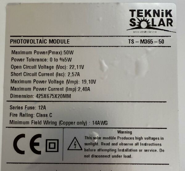 GÜNEŞ PANELİ 50 W MONO KRİSTAL 42.5X67.5 CM 12 VOLT