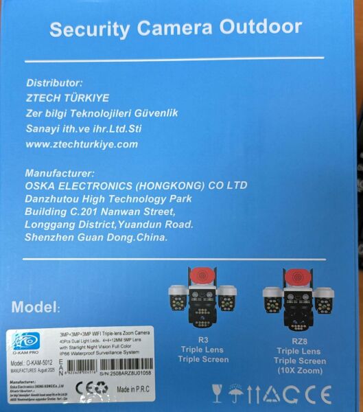 O-KAM 5012 9MP 3 Lens Wifi Kamera Köşeler Lens Siren + ÇAKAR LED + 360Kamera 3+3+3MP