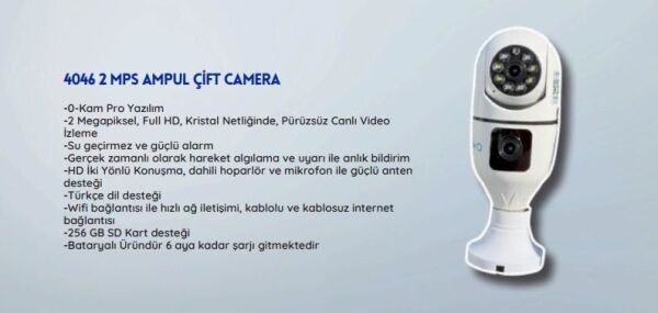 O-KAM-4046 Wifi Ampül Kamera 2 Lens Mikrofon