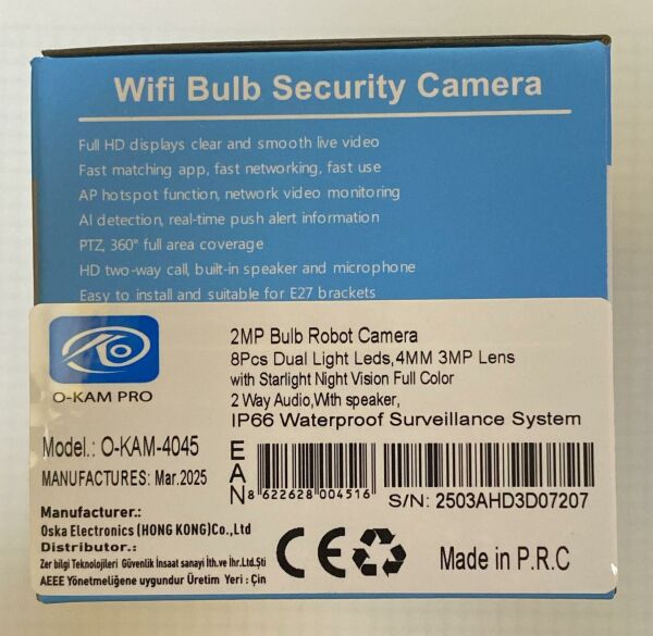 O-KAM-4045 Wifi Ampül Kamera 1 Lens Mikrofonlu