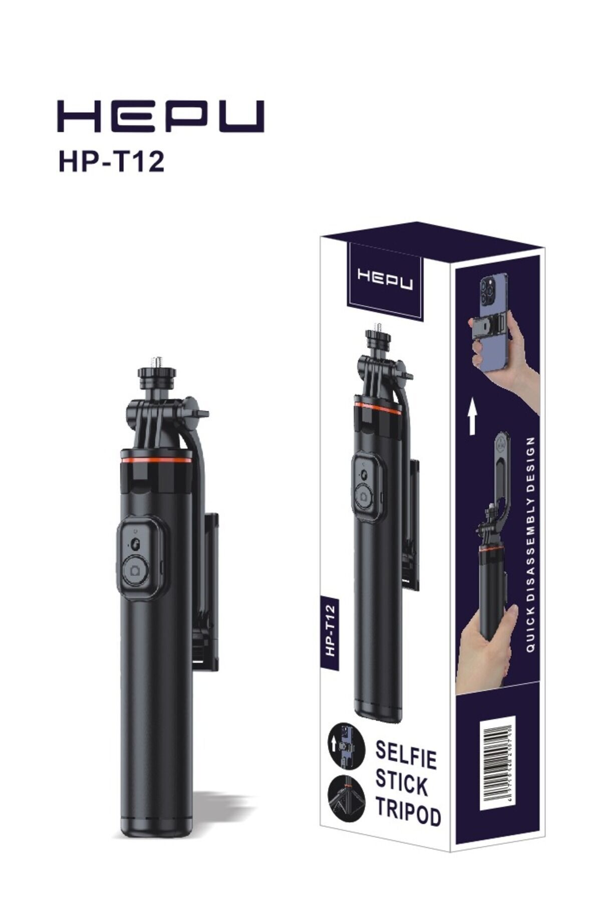 HEPU HP-T12 Bluetooth Selfie Çubuğu – Tripod Ayaklı + Hızlı Açılır Katlanabilir Tasarım +