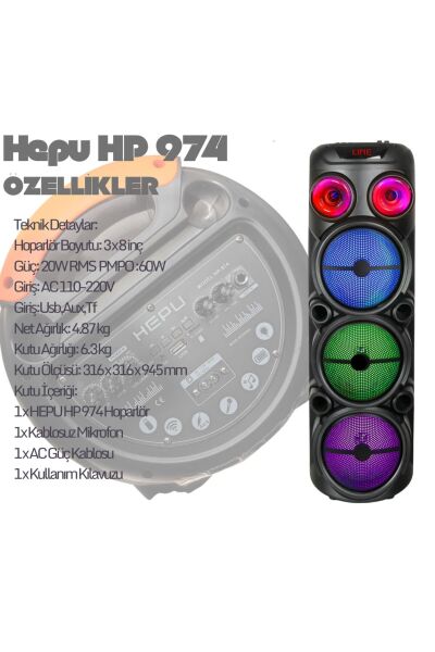 HEPU HP-974 3x8'' 3x30CM Kablosuz 1 El Mikrofon RGB Bluetooh Müzik Kutusu