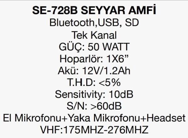 FAV SE-728-BT-USB TEK KANAL 1 EL 1 YAKA+KAFA SEÇENEĞİ 50 WATT ŞARJLI SEYYAR MEVLÜT ANFİ