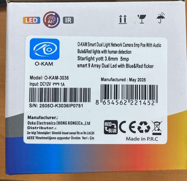 O-KAM 3036 5MP Bullet Dış Mekan Colorvu 9Warmled Çakar ledli IP Kamera