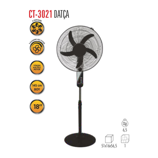 CATA CT-3021 45CM 5 PERVANELİ 50WATT 3KADEME 145CM AYAKLI VANTİLATÖR