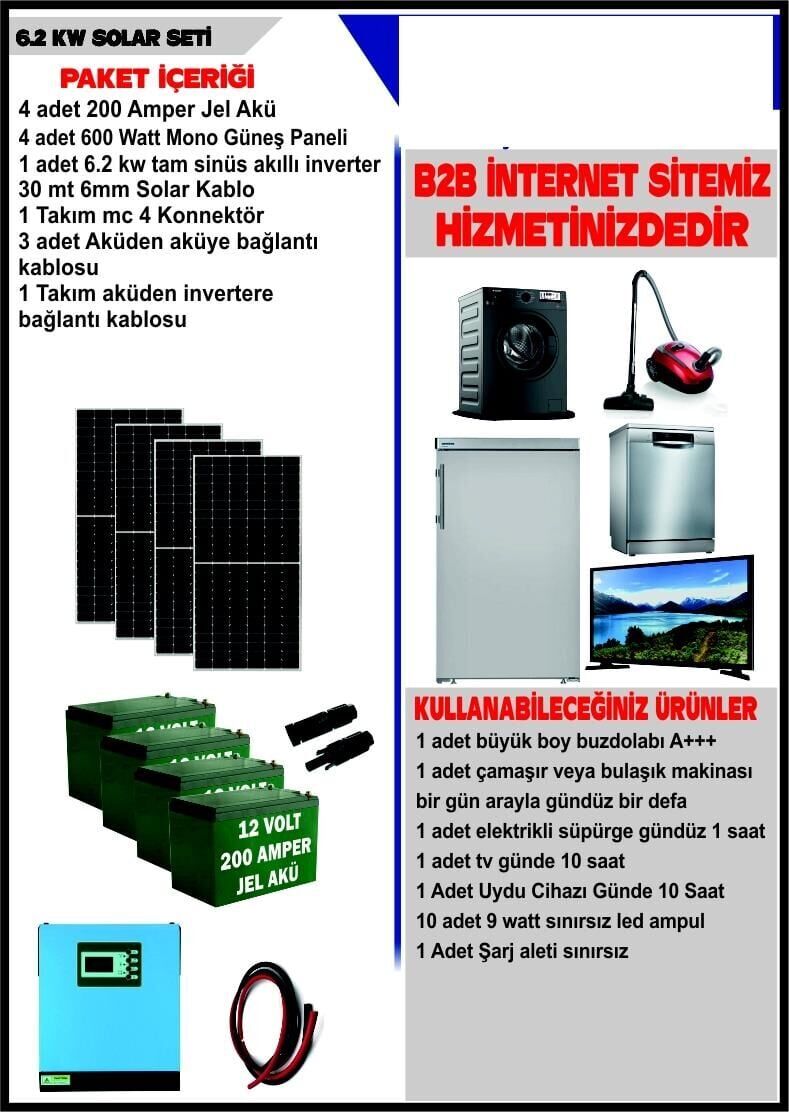 SOLAR 6.2 KW SET- 2400WATT PANEL - 800 AMPER JEL AKÜ - 6200WATT TAM SİNÜS AKILLI İNVERTER
