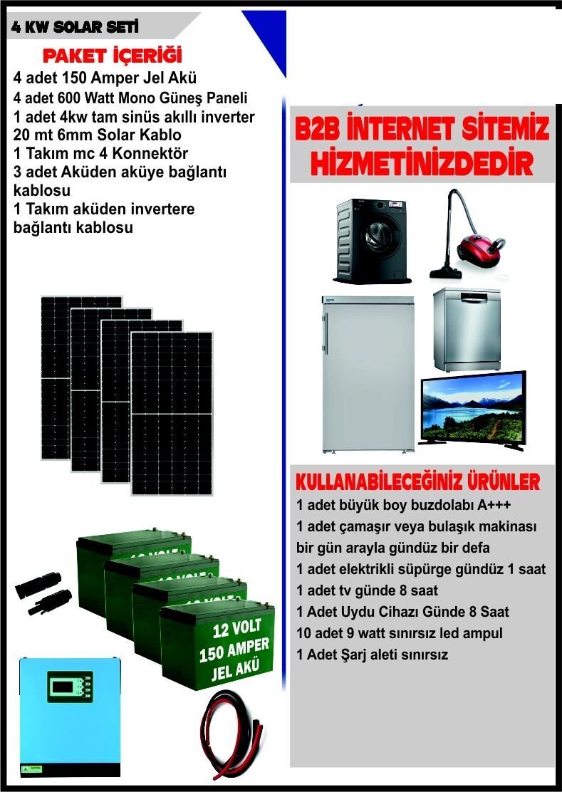 SOLAR 4 KW SET- 2400WATT PANEL - 600 AMPER JEL AKÜ - 4000WATT AKILLI TAM SİNÜS İNVERTER