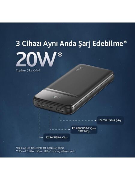 TTec 2BB233S ChargeUp Pro LCD 10.000mAh PD 20W Taşınabilir Hızlı Şarj Aleti / Powerbank