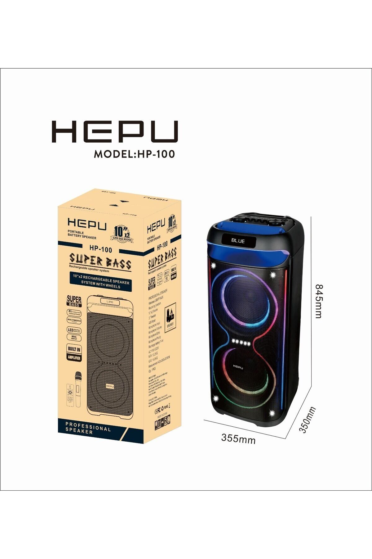 HEPU HP-100 2X10'' 2X25CM KABLOSUZ 1 EL MİKROFON BLUETOOTH ŞARJLI MÜZİK KUTUSU
