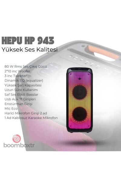 HEPU HP-943 2X10'' 2X25CM KABLOSUZ 1 EL MİKROFON BLUETOOTH ŞARJLI MÜZİK KUTUSU