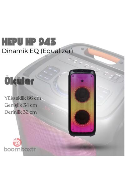 HEPU HP-943 2X10'' 2X25CM KABLOSUZ 1 EL MİKROFON BLUETOOTH ŞARJLI MÜZİK KUTUSU