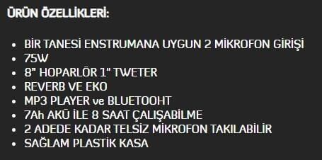 ATAK RS 75 BT+USB-8 INÇ 75 WATT-1 ADET TELSİZ KAFA MİKROFONLU ANFİ