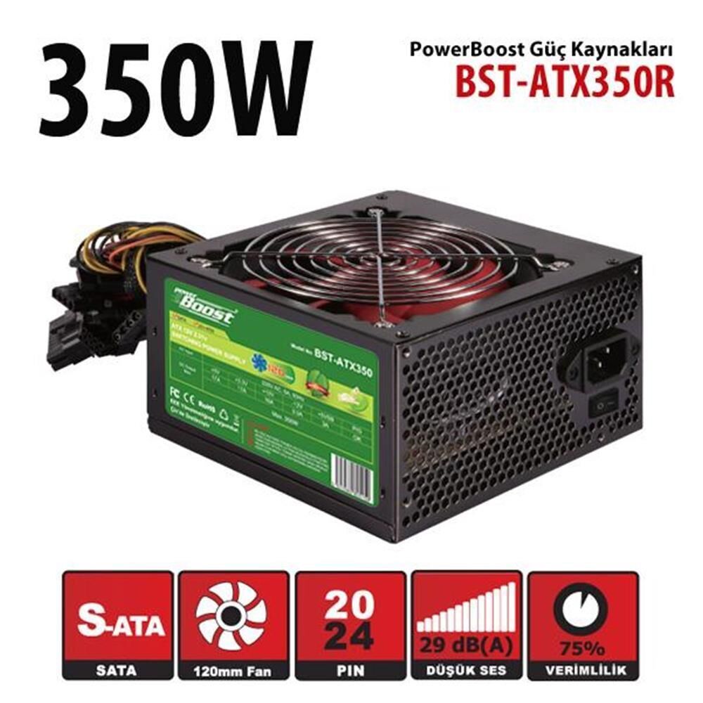PowerBoost BST-ATX350R 350w, PPFC 12cm Kırmızı Fan Power Supply