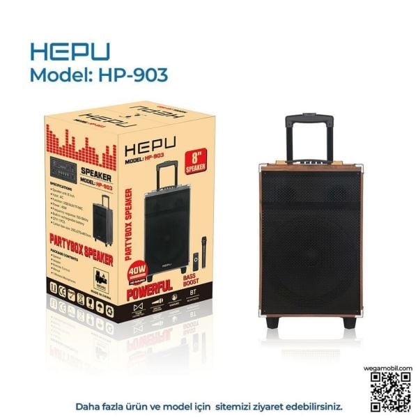 HEPU HP-903 8'' 25CM KABLOSUZ 1 EL MİKROFON BLUETOOTH USB ŞARJLI MÜZİK KUTUSU