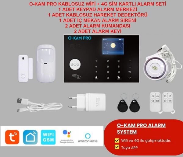 O-KAM 3030 WİFİ + 4G SİM KARTLI ALARM SETİ (KEYPAD+1PIR+2KUMANDA+1 İÇ SİREN+1MANYETİK)