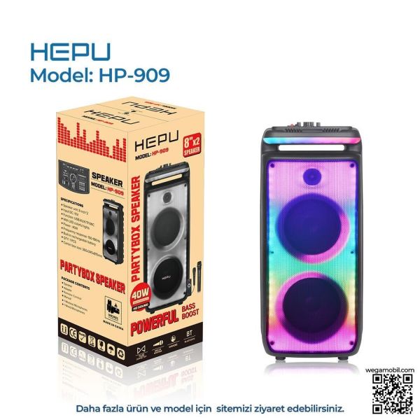 HEPU HP-909 2X8'' 30CM KABLOSUZ 1 EL MİKROFON ŞARJLI BLUETOOTH MÜZİK KUTUSU