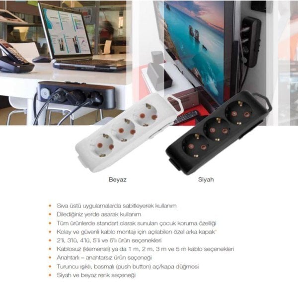 VIKO 90133303 3LÜ GRUP PRİZ SİYAH 3MT KABLOLU ÇOCUK KORUMALI