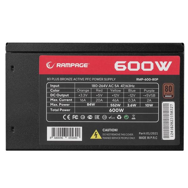 Rampage RMP-600-80P 600W 80Plus Bronze 12cm Fan Aktif PFC Power Supply