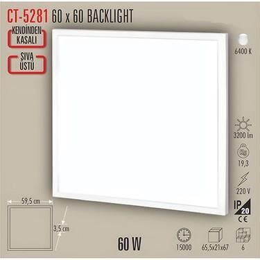 CATA CT-5281 60 WATT LED PANEL SIVA ÜSTÜ BACKLIGHT 60X60 BEYAZ