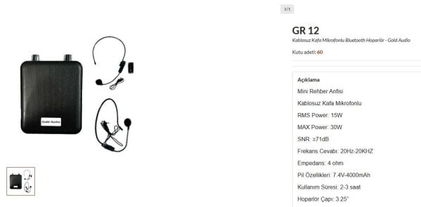 REHBER ANFİSİ 1 KAFA ŞARJLI BLUETOOTH KABLOSUZ - GOLD AUDIO GR12