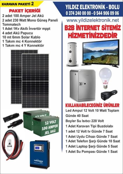 SOLAR KARAVAN PAKETİ 2- 460WATT PANEL - 200 AMPER JEL AKÜ - 1000WATT TAM SİNÜS İNVERTER
