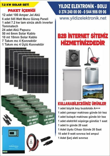 SOLAR 7.2 KW SET- 3270WATT PANEL - 1200 AMPER JEL AKÜ - 7200WATT TAM SİNÜS İNVERTER