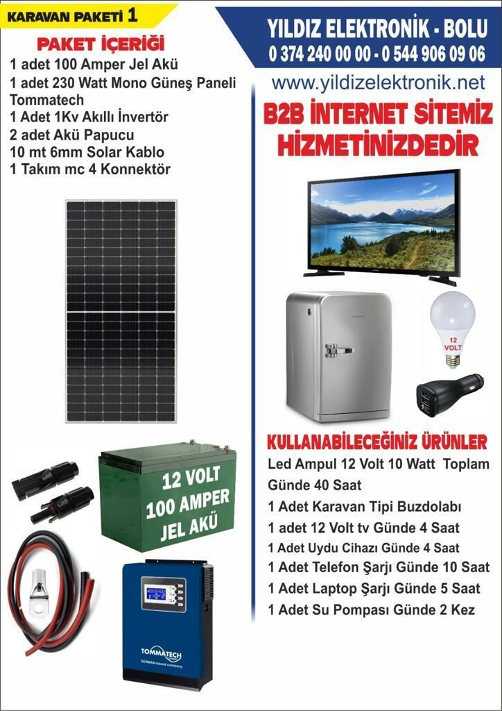 SOLAR KARAVAN PAKETİ 1- 230WATT PANEL - 100 AMPER JEL AKÜ - 1000WATT TAM SİNÜS İNVERTER