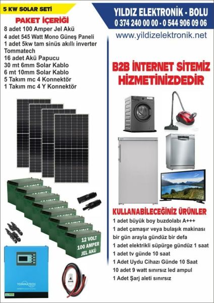 SOLAR 5 KW SET- 2180WATT PANEL - 800 AMPER JEL AKÜ - 5000WATT AKILLI TAM SİNÜS İNVERTER