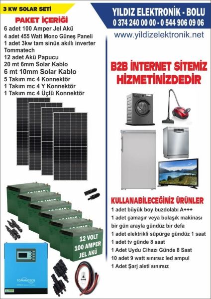 SOLAR 3 KW SET- 1820WATT PANEL - 600 AMPER JEL AKÜ - 3000WATT AKILLI TAM SİNÜS İNVERTER