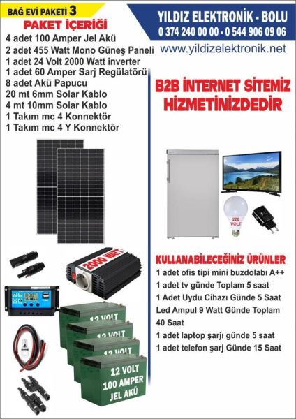 SOLAR BAĞ EVİ PAKETİ 3- 910WATT PANEL - 400 AMPER JEL AKÜ - 2000WATT İNVERTER