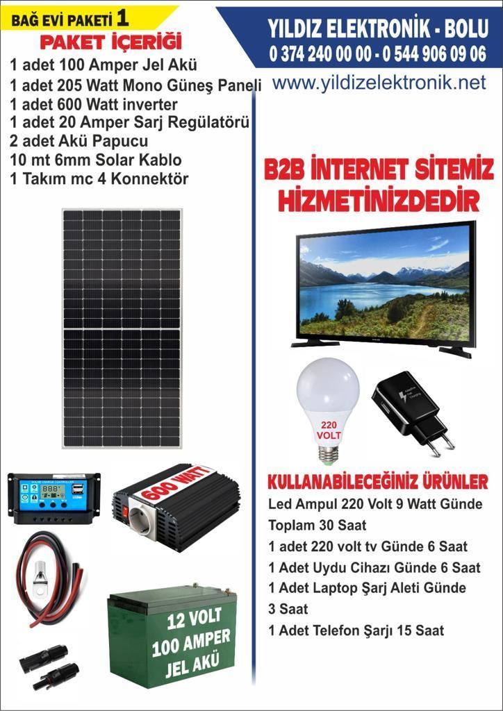 SOLAR BAĞ EVİ PAKETİ 1 - 205WATT PANEL - 100 AMPER JEL AKÜ - 600WATT İNVERTER